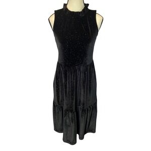 J.Crew Tiered Velvet Dress Women 0 Black Gold Sparkle Ruffle Neck Party Chic NYE